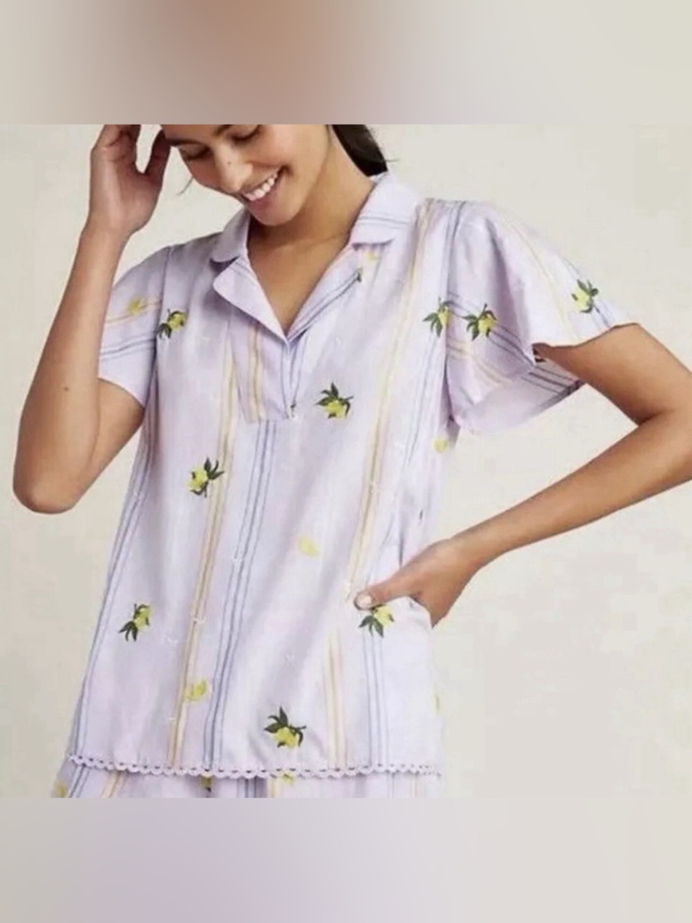 Anthropologie Lemons and Stars Embroidered Shirt